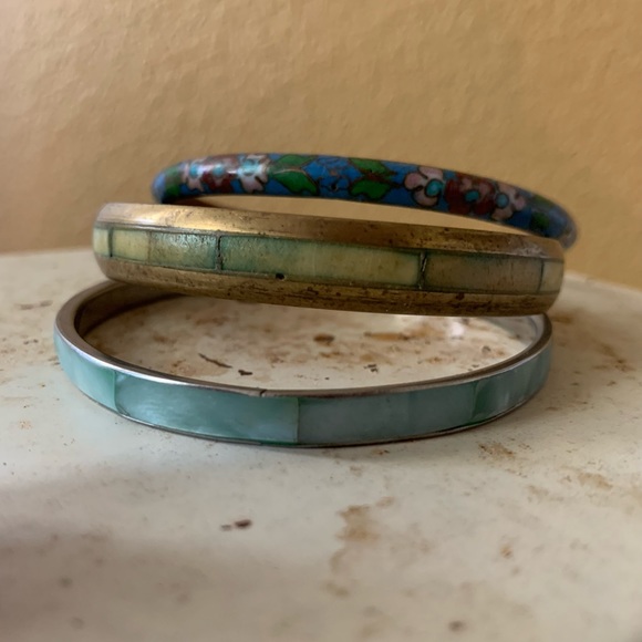 Enamel, Blue Mothers-of-Pearl, and Brass Bangle Bracelets - Picture 1 of 4